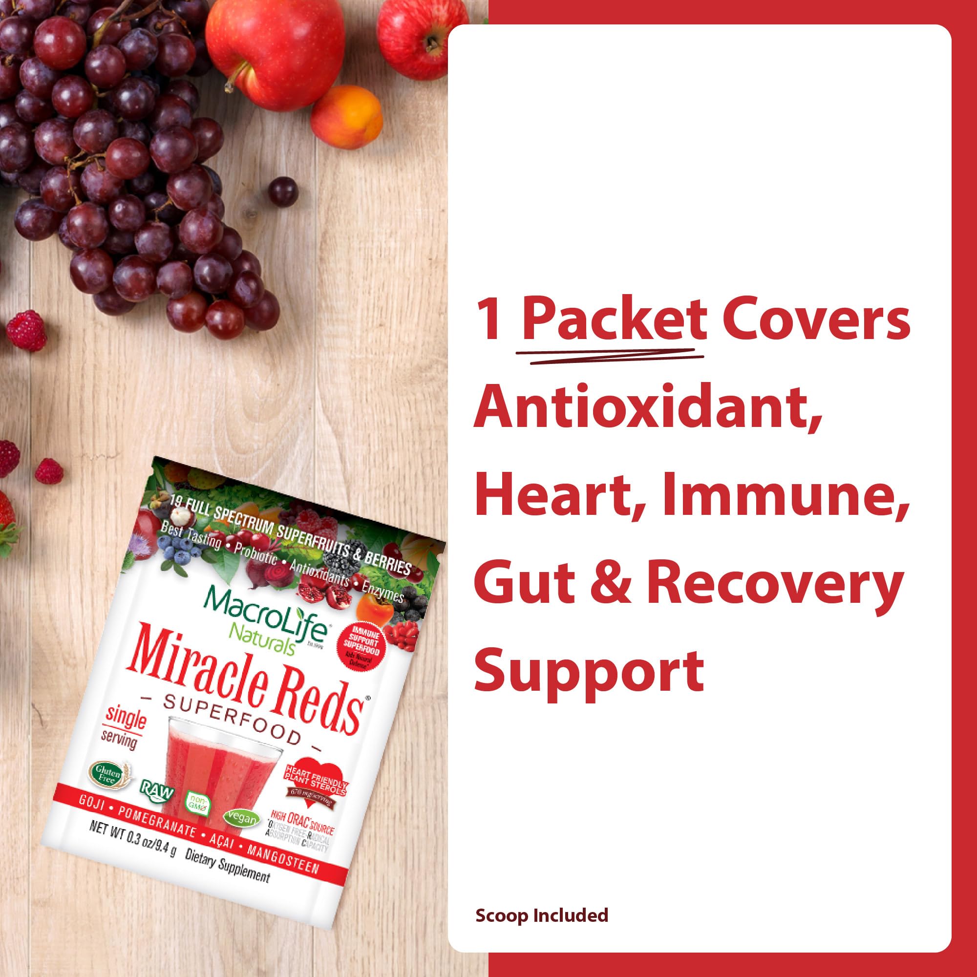 MacroLife Naturals Miracle Reds powder dispense showing easy scoop-to-glass prep
