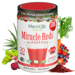 MacroLife Naturals Miracle Reds powder jar ready for daily antioxidant support.