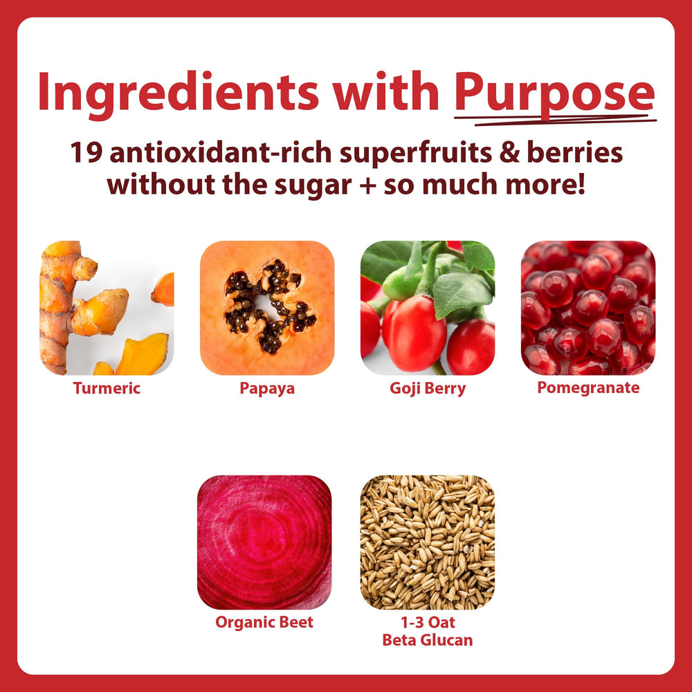 MacroLife Naturals Miracle Reds scoop beside a glass, inviting immune-supporting routine.