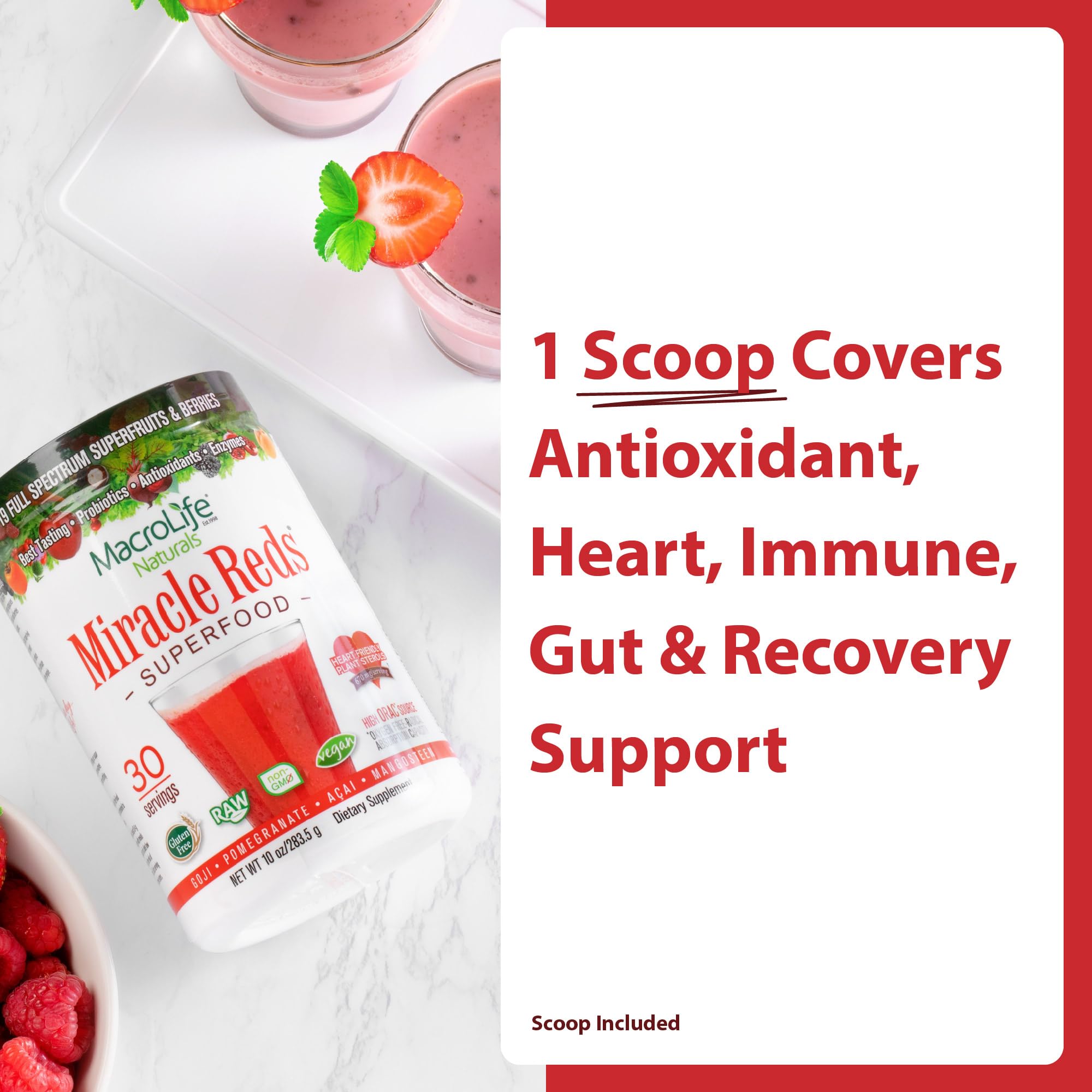 MacroLife Naturals Miracle Reds powder stirred into smoothie for gut-friendly nutrition.