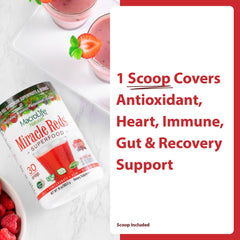 MacroLife Naturals Miracle Reds powder stirred into smoothie for gut-friendly nutrition.
