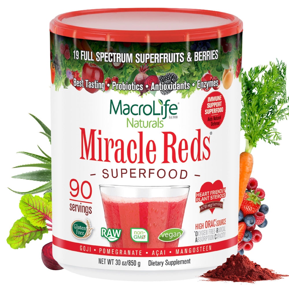 MacroLife Naturals Miracle Reds tub front showing the 19-fruit blend for daily vitality.