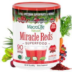 MacroLife Naturals Miracle Reds tub front showing the 19-fruit blend for daily vitality.