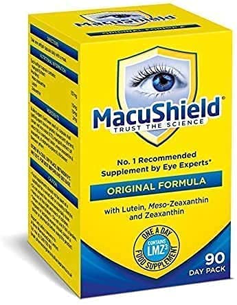 Macushield bottle with glass illustrating a simple daily routine.