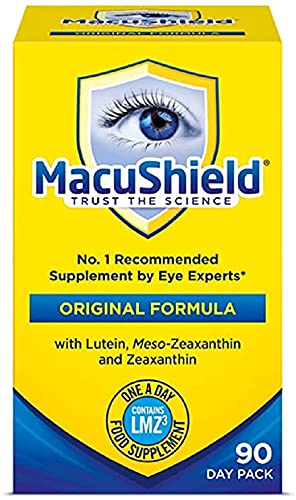 Macushield eye supplement bottle close-up for daily vision support.