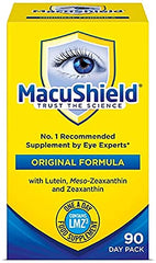 Macushield eye supplement bottle close-up for daily vision support.