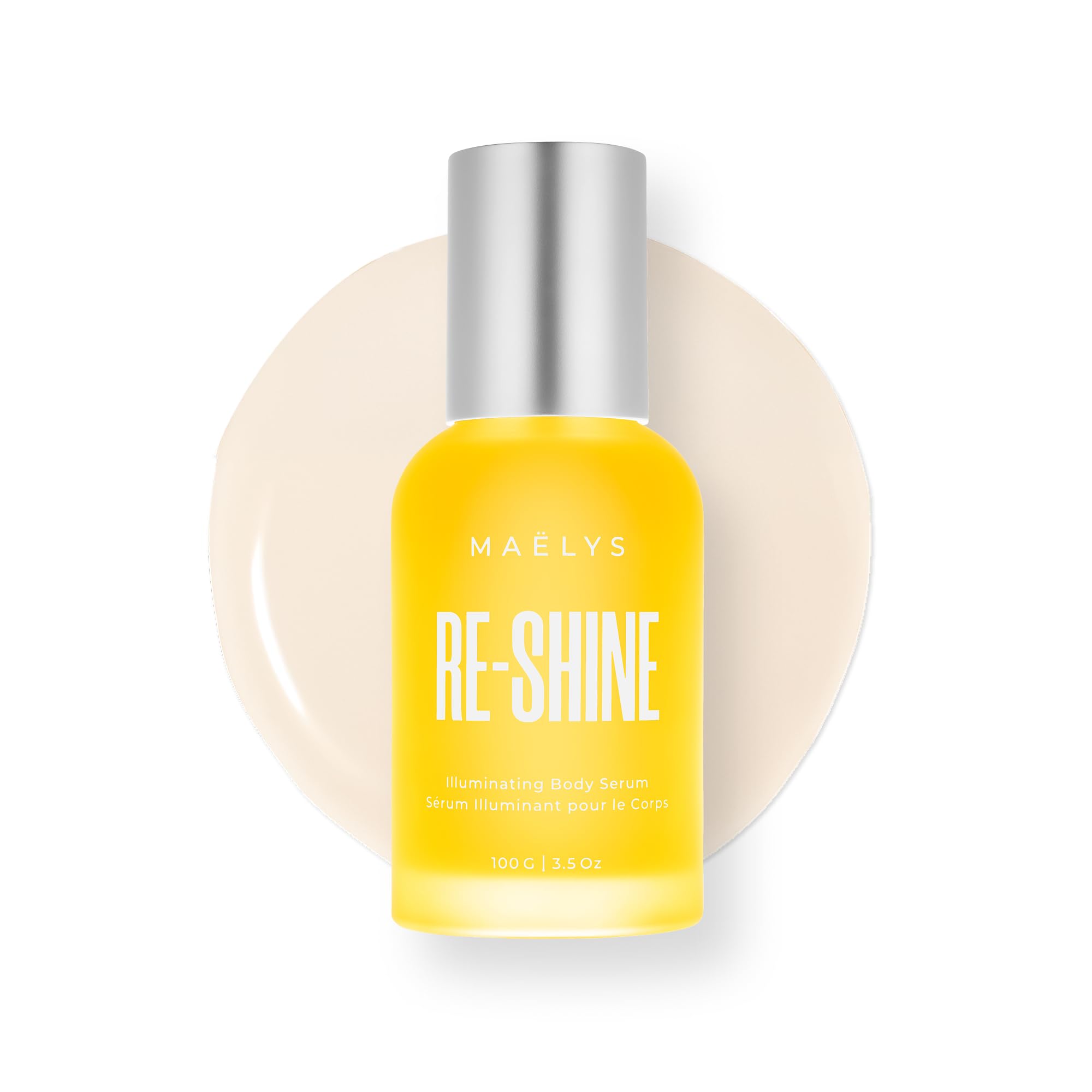 MAËLYS RE-SHINE bottle with pump shows luminous serum for hydrated, even-looking skin.