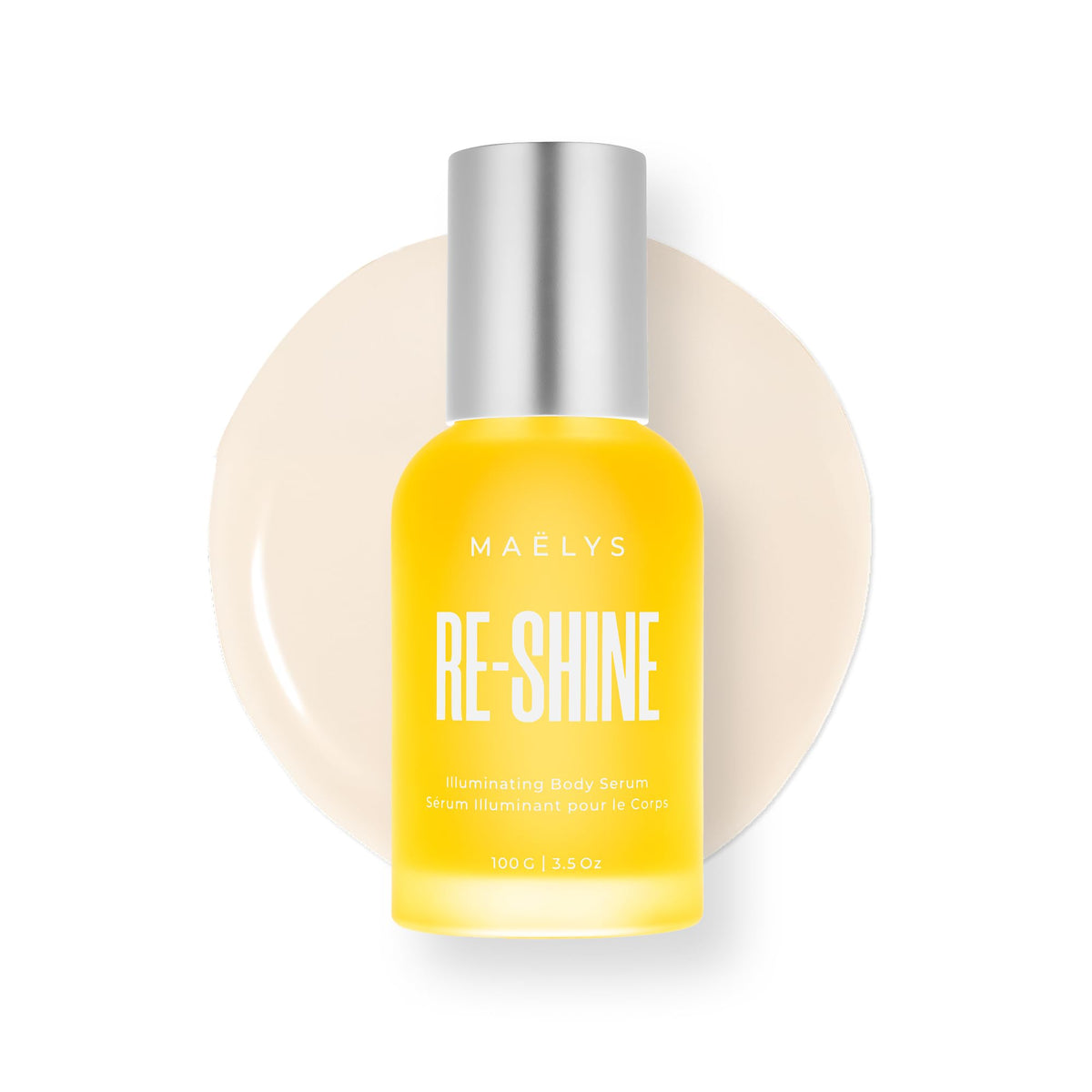 MAËLYS RE-SHINE bottle with pump shows luminous serum for hydrated, even-looking skin.