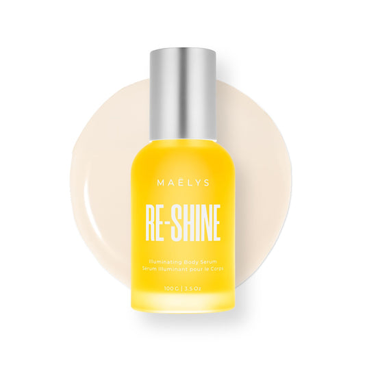 MAËLYS RE-SHINE bottle with pump shows luminous serum for hydrated, even-looking skin.
