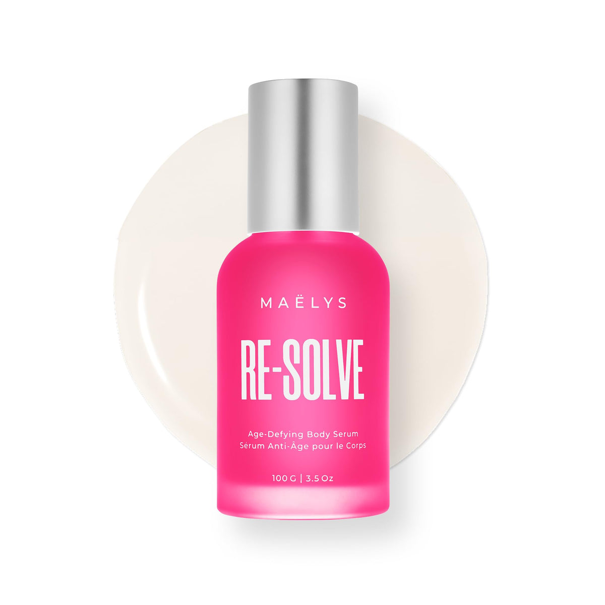 MAËLYS RE-SOLVE bottle showing age-defying serum for smoother skin on arms and legs.