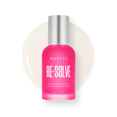 MAËLYS RE-SOLVE bottle showing age-defying serum for smoother skin on arms and legs.
