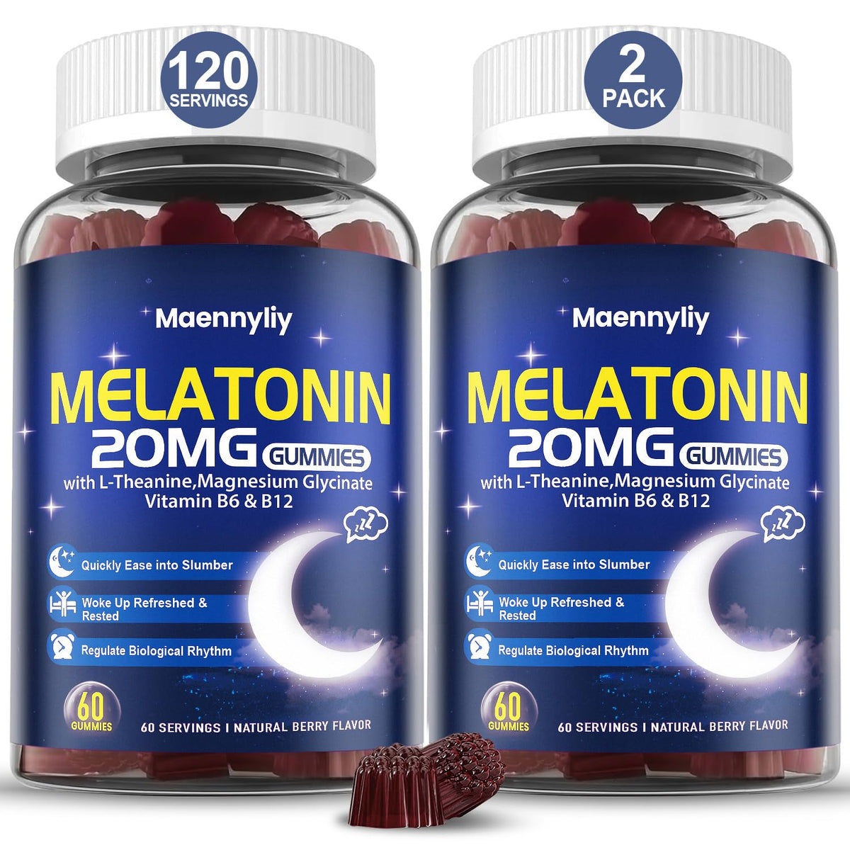 Maennyliy Melatonin 20mg Gummies bottle closeup, sugar-free sleep support.