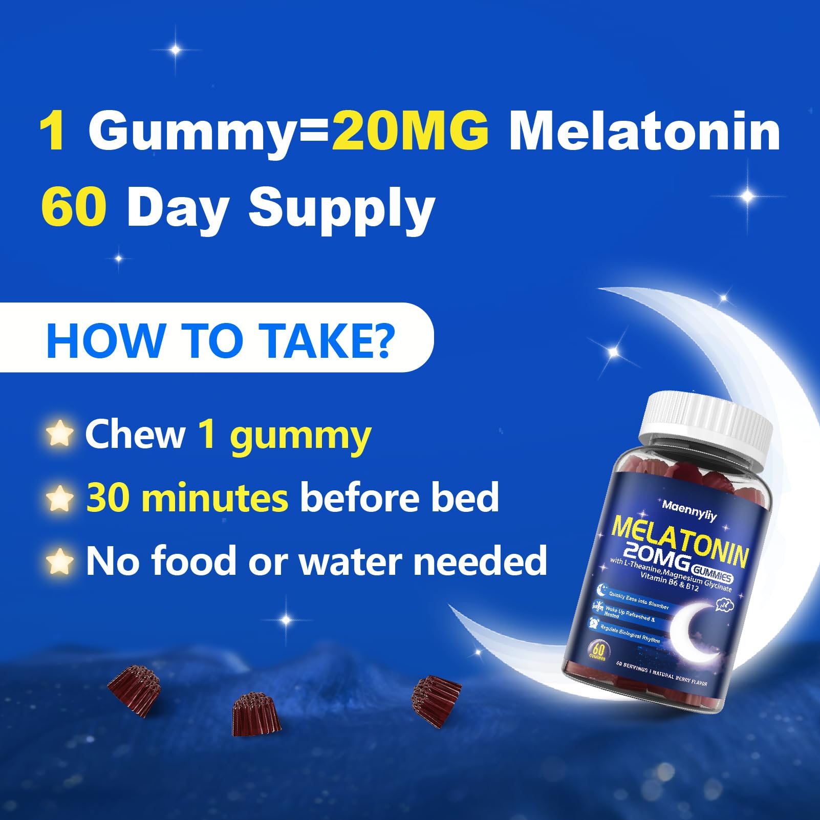 Maennyliy Melatonin 20mg Gummies non-habit forming sleep aid concept.