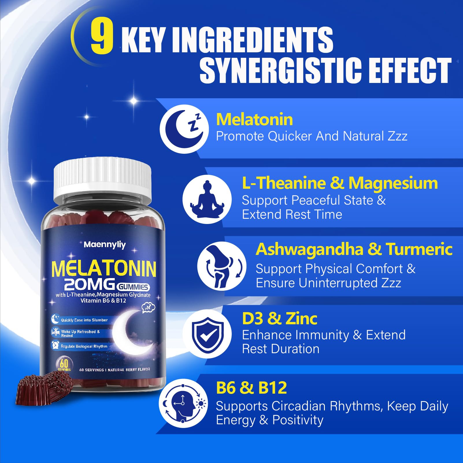 Maennyliy Melatonin 20mg Gummies on table showing convenient nightly dose.