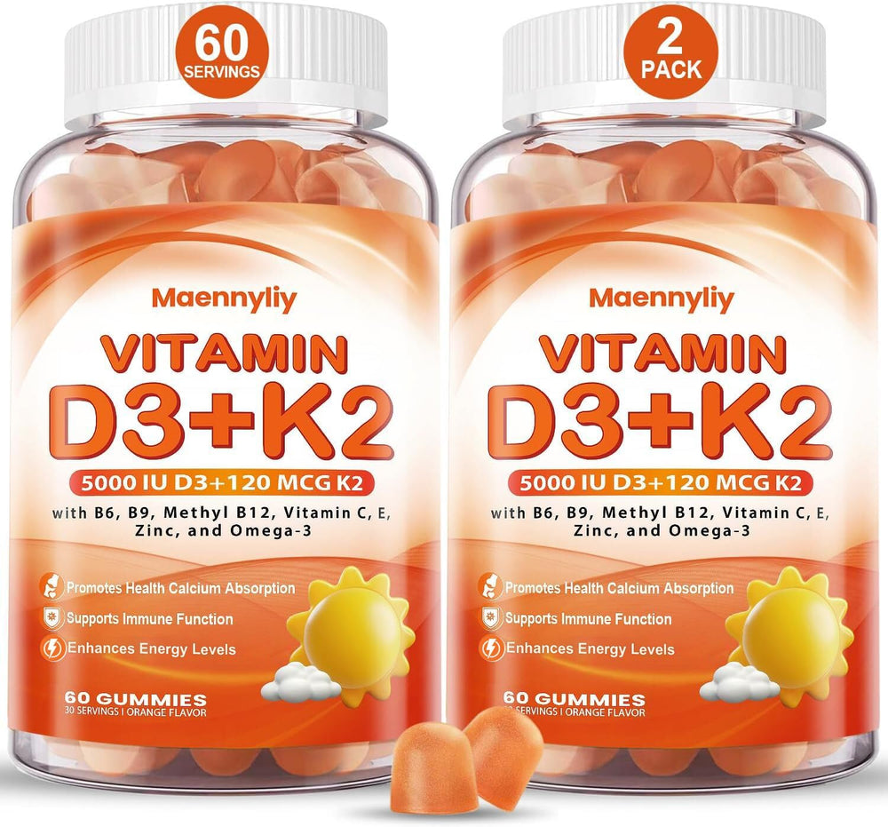 Maennyliy Vitamin D3 K2 Gummies bottle front showing a sugar-free daily supplement for calcium support.