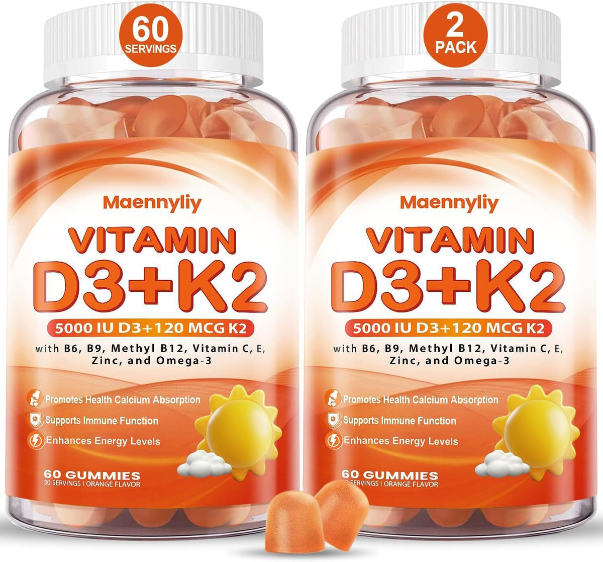 Maennyliy Vitamin D3 K2 Gummies bottle front showing a sugar-free daily supplement for calcium support.