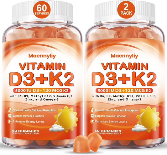 Maennyliy Vitamin D3 K2 Gummies bottle front showing a sugar-free daily supplement for calcium support.
