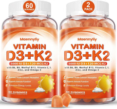 Maennyliy Vitamin D3 K2 Gummies bottle front showing a sugar-free daily supplement for calcium support.