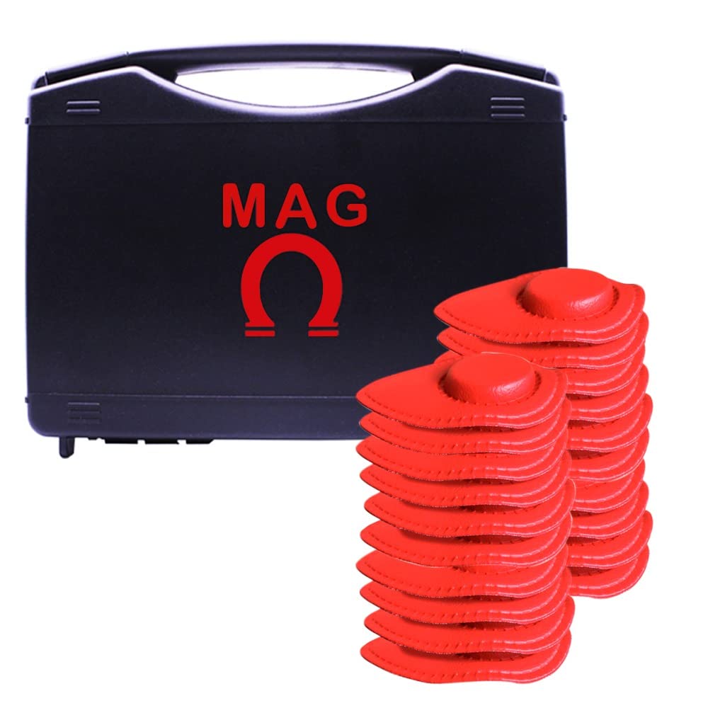 MAG kit of 20 red ferrite magnets with curved design for precise biomagnetism point application.