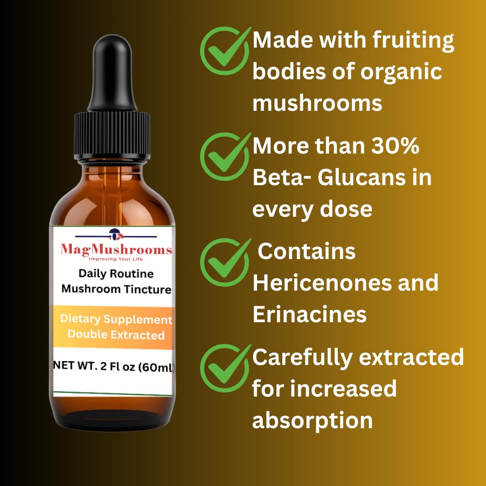 Mag Mushrooms Daily Routine image of fruiting bodies highlighting rich compounds for daily vitality.
