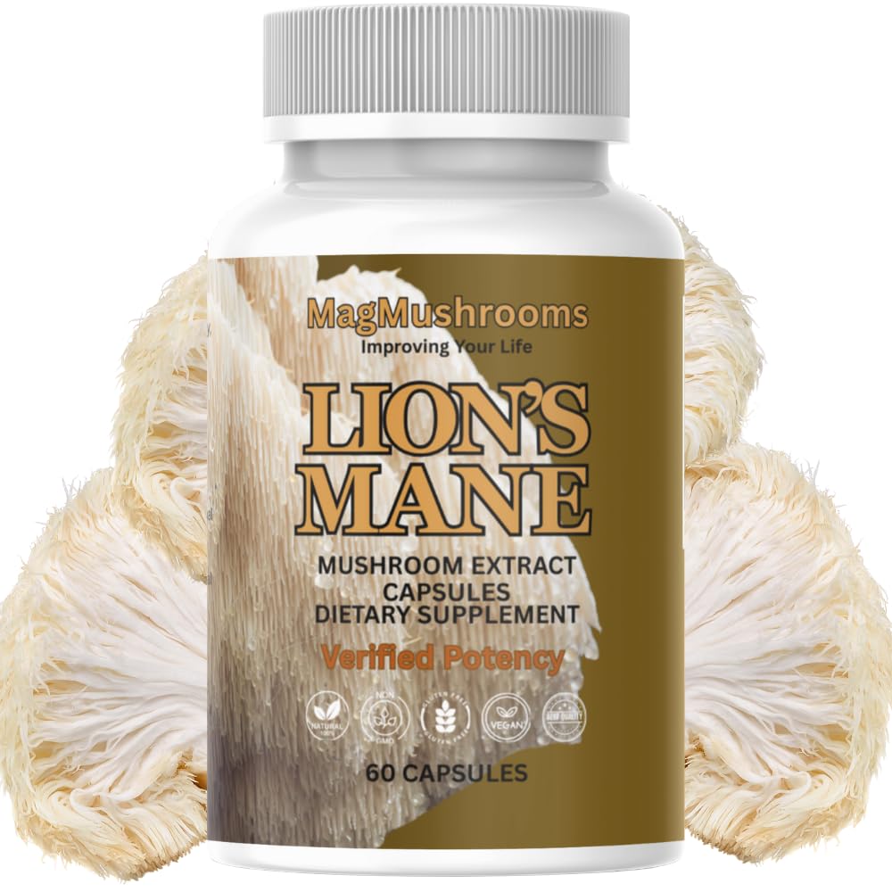 Mag Mushrooms Lion’s Mane capsules bottle offers convenient daily cognitive support.