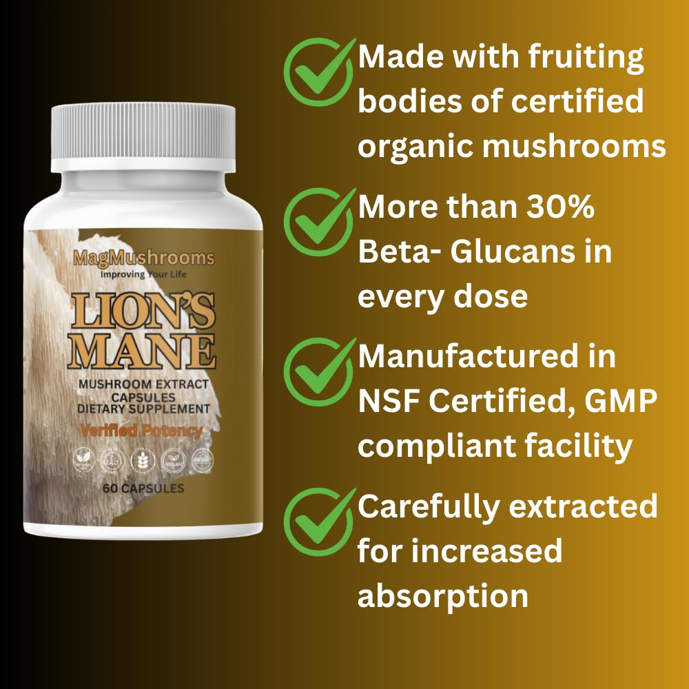 Mag Mushrooms Lion’s Mane label shows 60 capsules for a month.