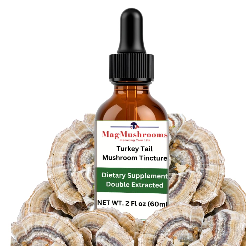 Mag Mushrooms Turkey Tail liquid extract bottle pour highlighting potency for cognitive support.