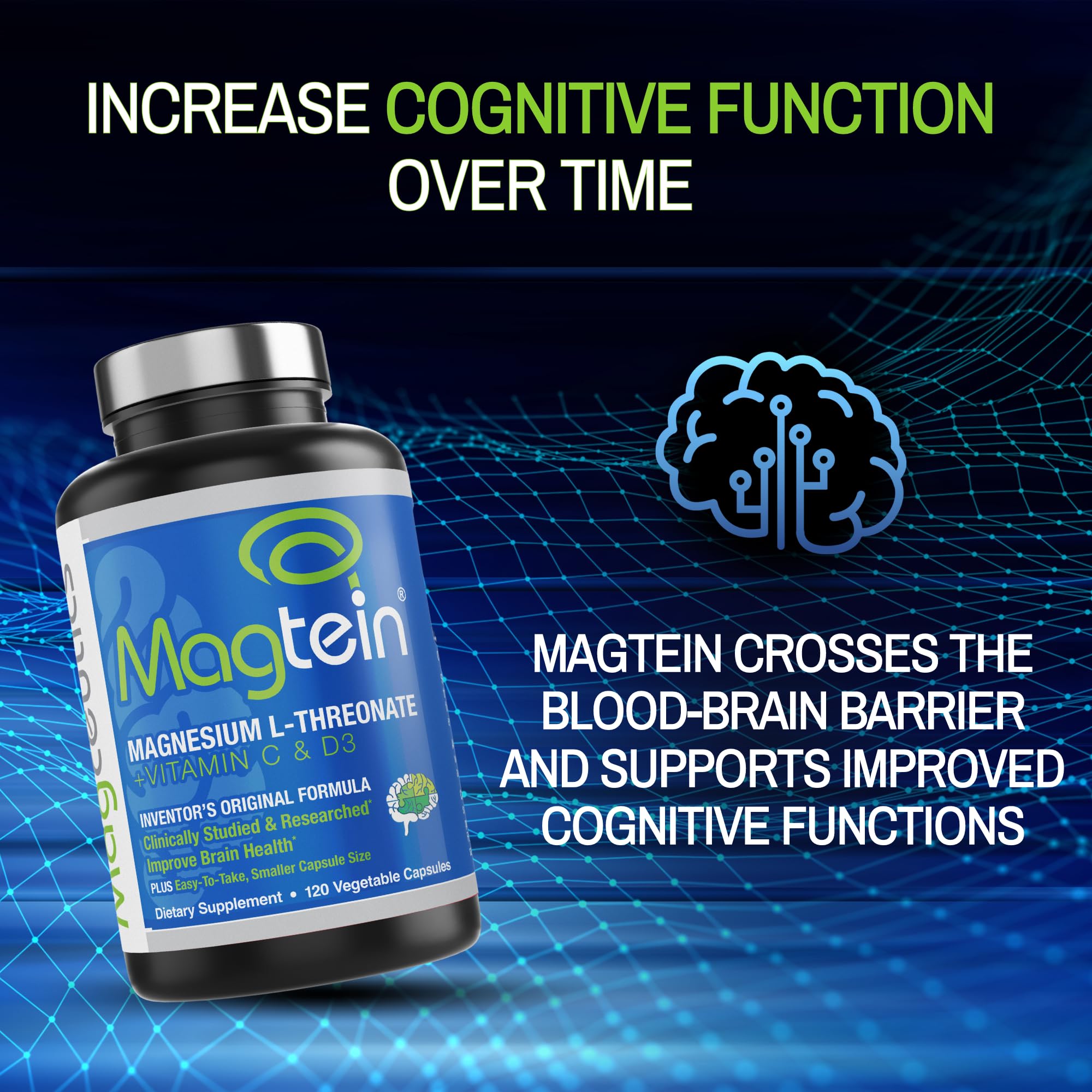 Magceutics Magtein bottle with brain icon hints cognitive focus and memory support.
