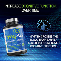 Magceutics Magtein bottle with brain icon hints cognitive focus and memory support.