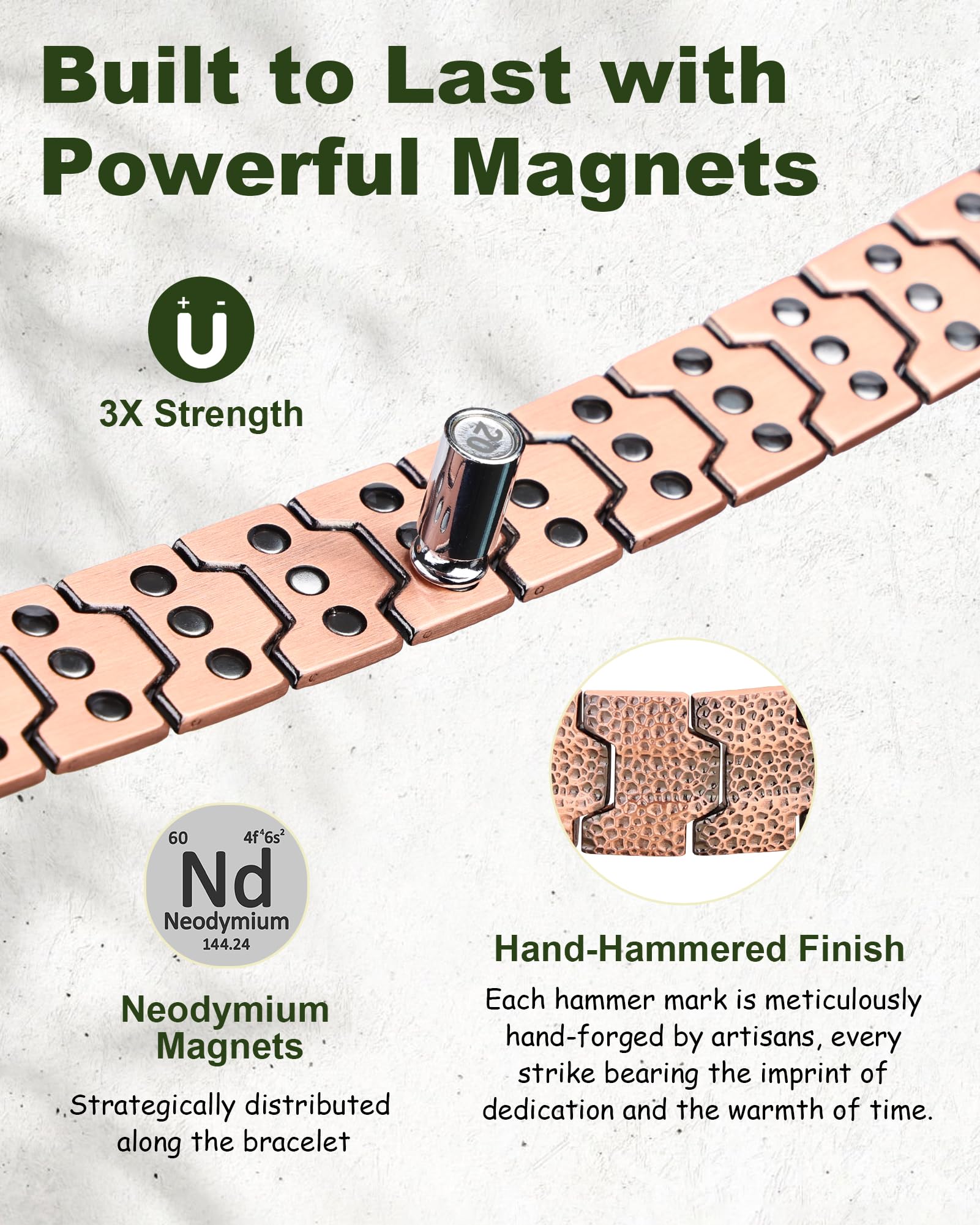 MagEnergy adjustable-length bracelet with sizing tool ensures precise fit.