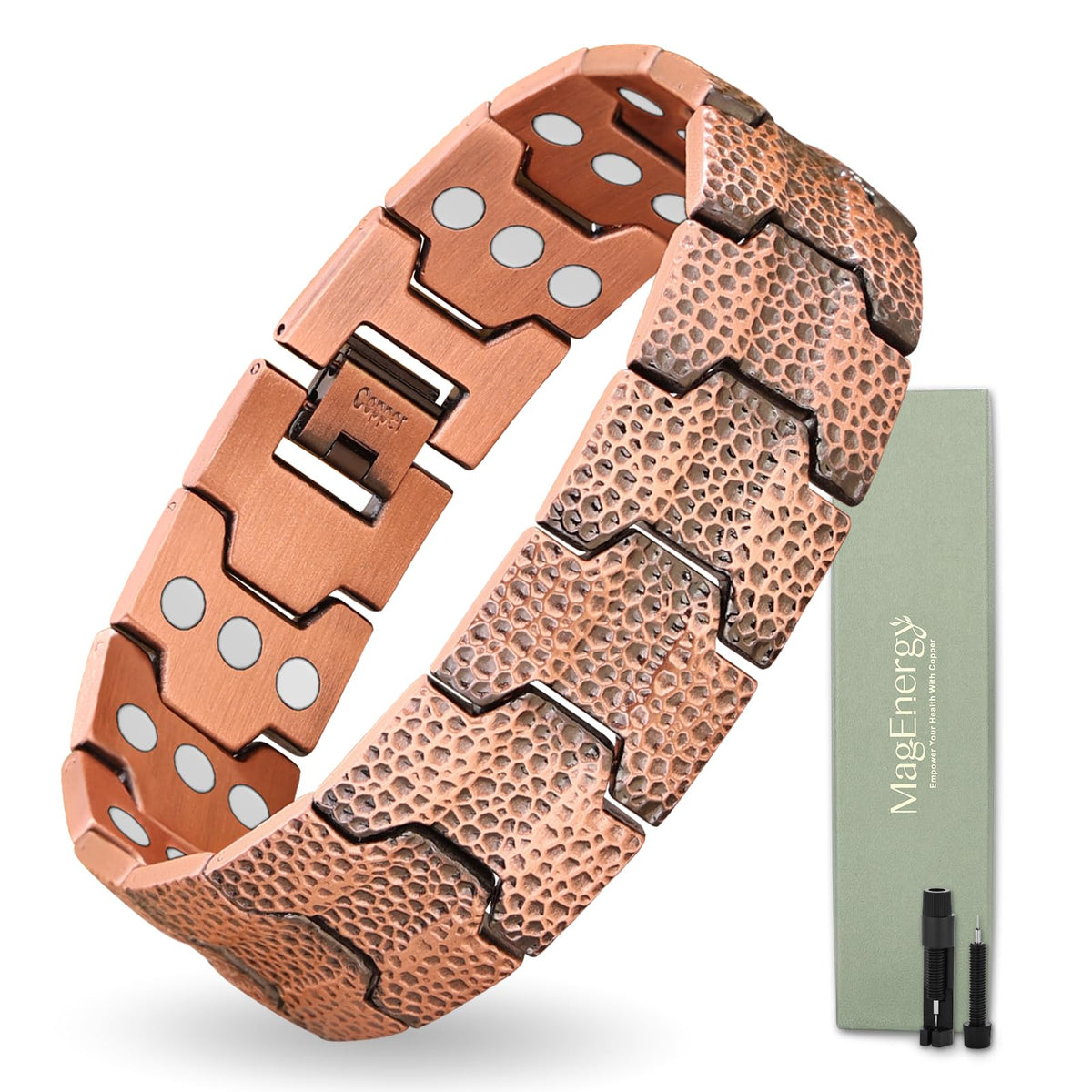 MagEnergy copper bracelet for men with hammered design offers bold style and hypoallergenic wear.