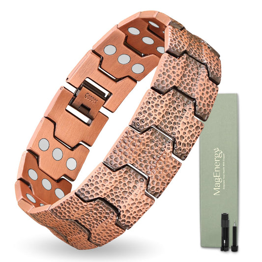 MagEnergy copper bracelet for men with hammered design offers bold style and hypoallergenic wear.