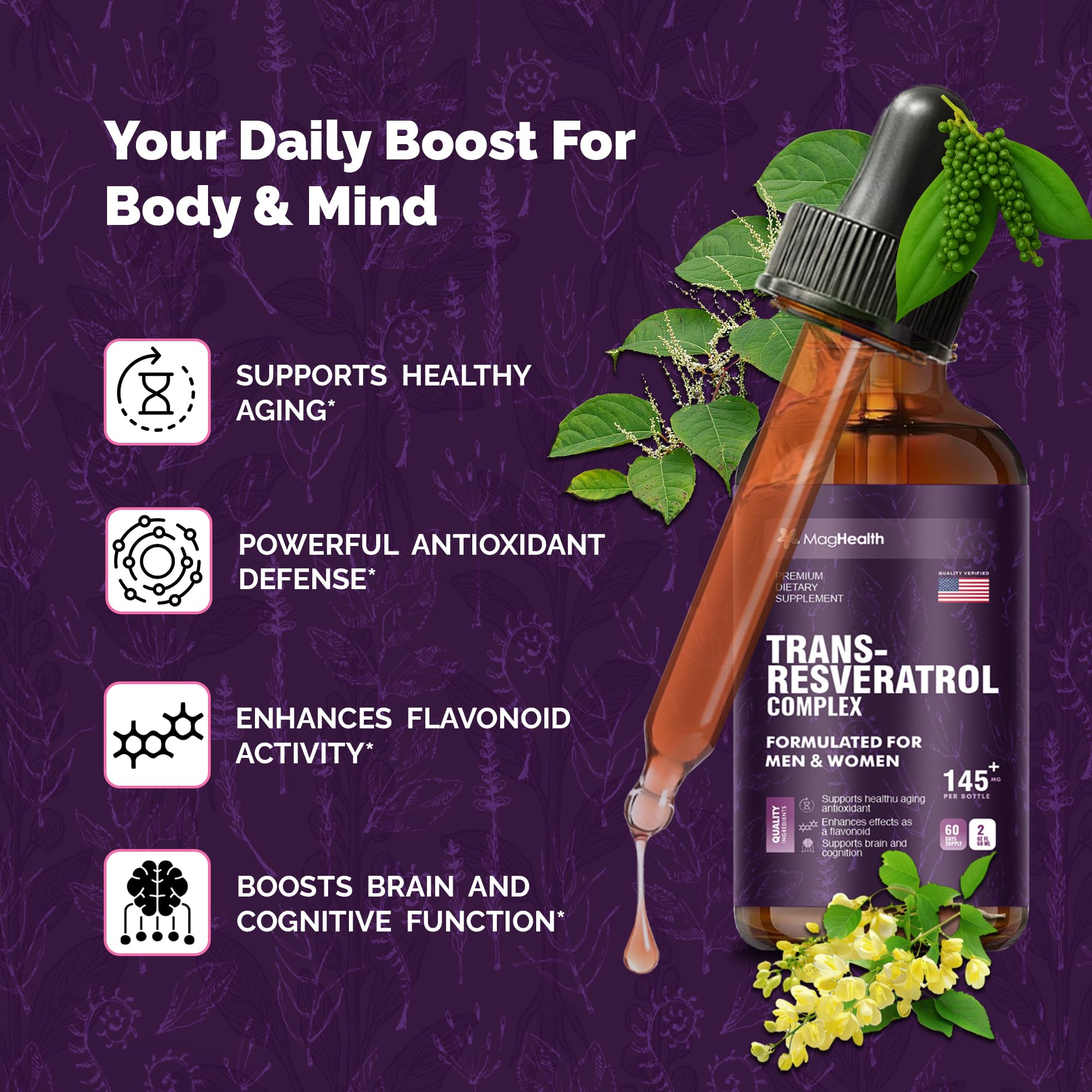 MagHealth Trans-Resveratrol liquid texture shown for dosing
