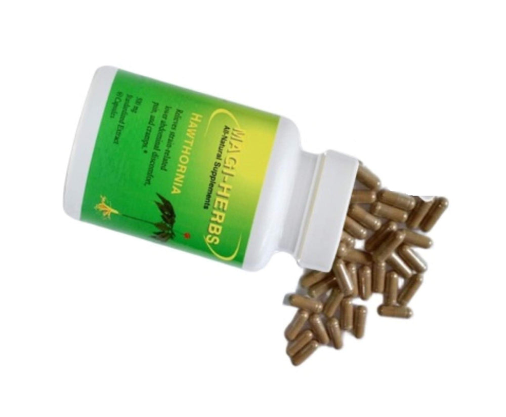 Magi-herbs Hawthornia capsules closeup showing traditional formula