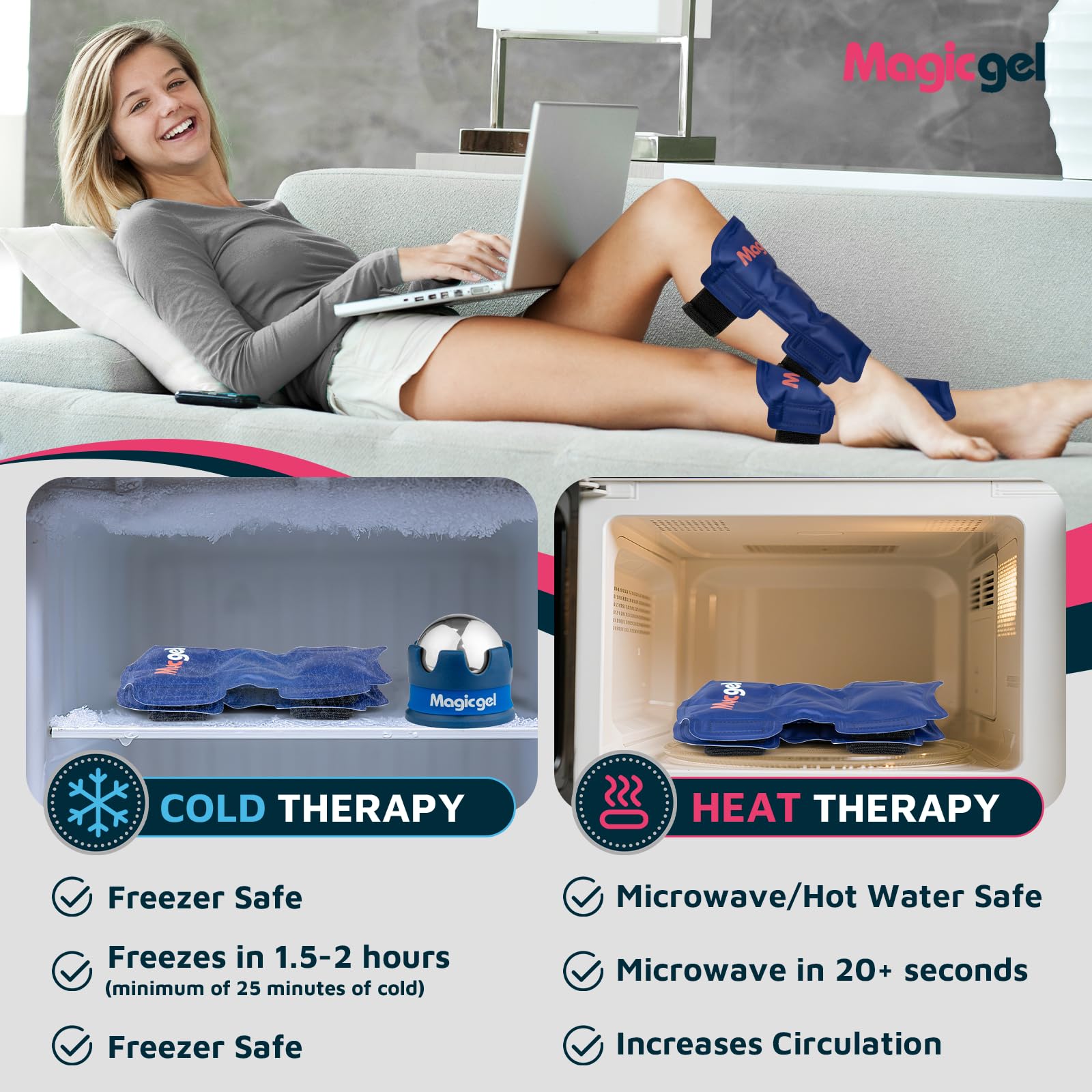 Magic Gel Instruction Booklet guides stretches and massage routines for leg recovery