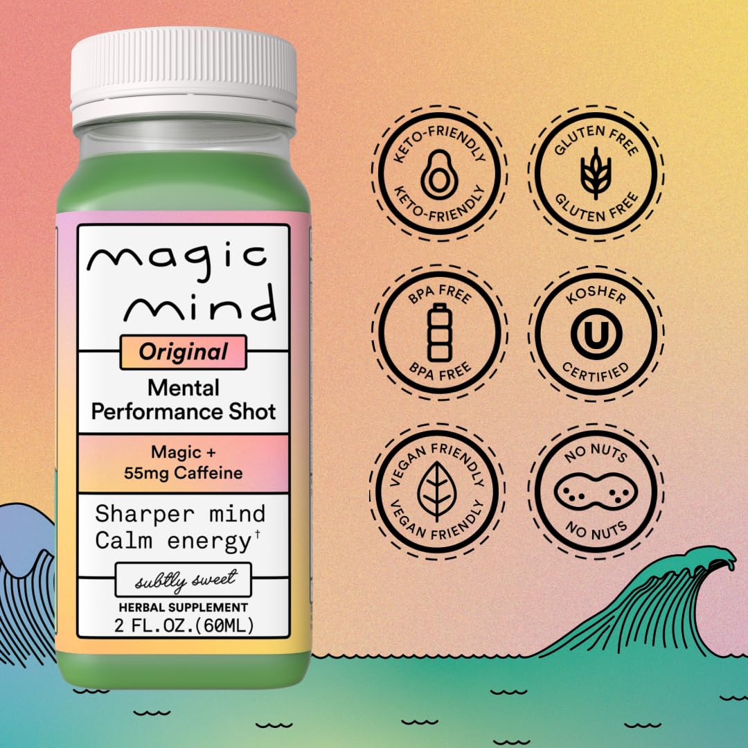 Magic Mind bottle label details show caffeine and adaptogens at a glance