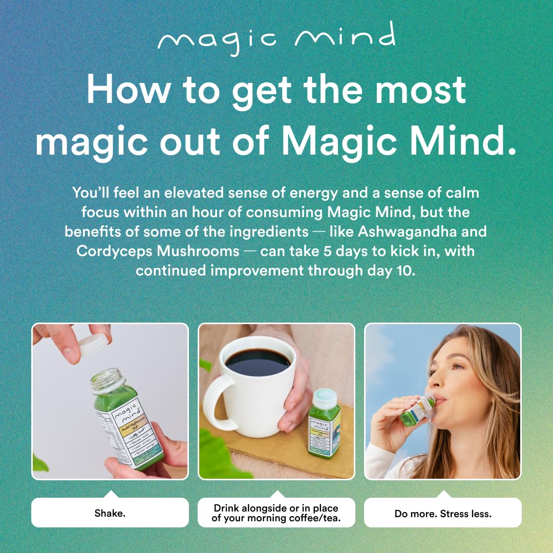 Magic Mind bottle with glass and mint suggests refreshing taste.
