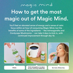 Magic Mind bottle with glass and mint suggests refreshing taste.