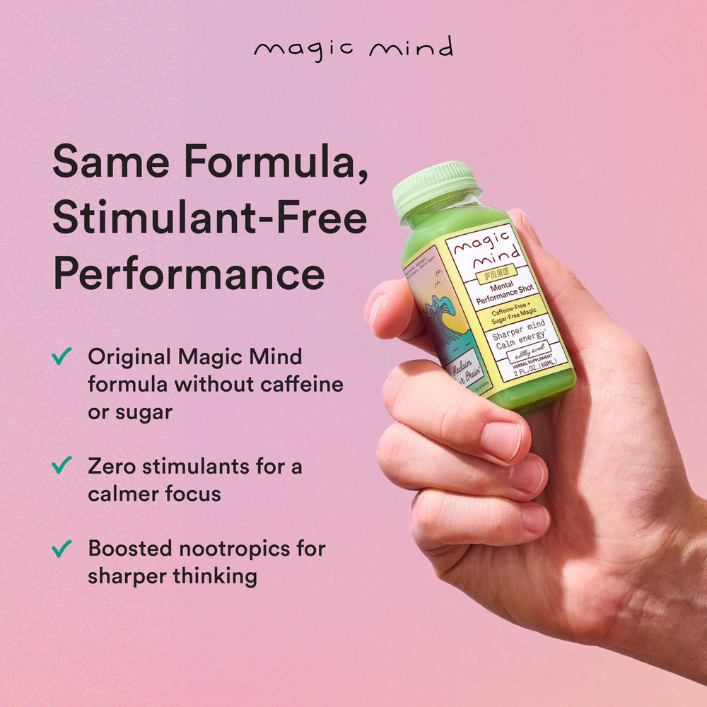Magic Mind bottles with glass signaling a premium daily ritual.