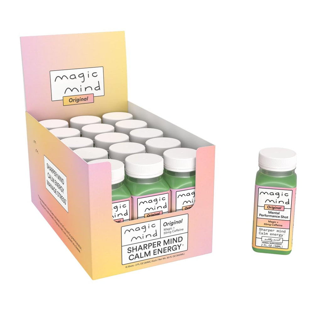 Magic Mind energy shot bottle for a quick focus boost during work