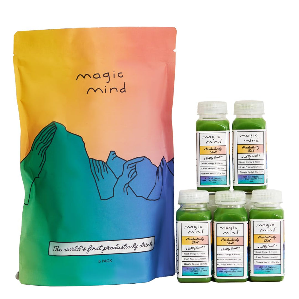 Magic Mind Focus Energy Shot bottle on desk for a quick productivity boost.