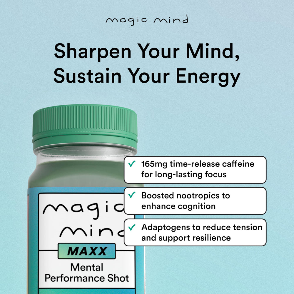 Magic Mind Maxx energy shot pour into glass illustrating smooth, jitter-free energy