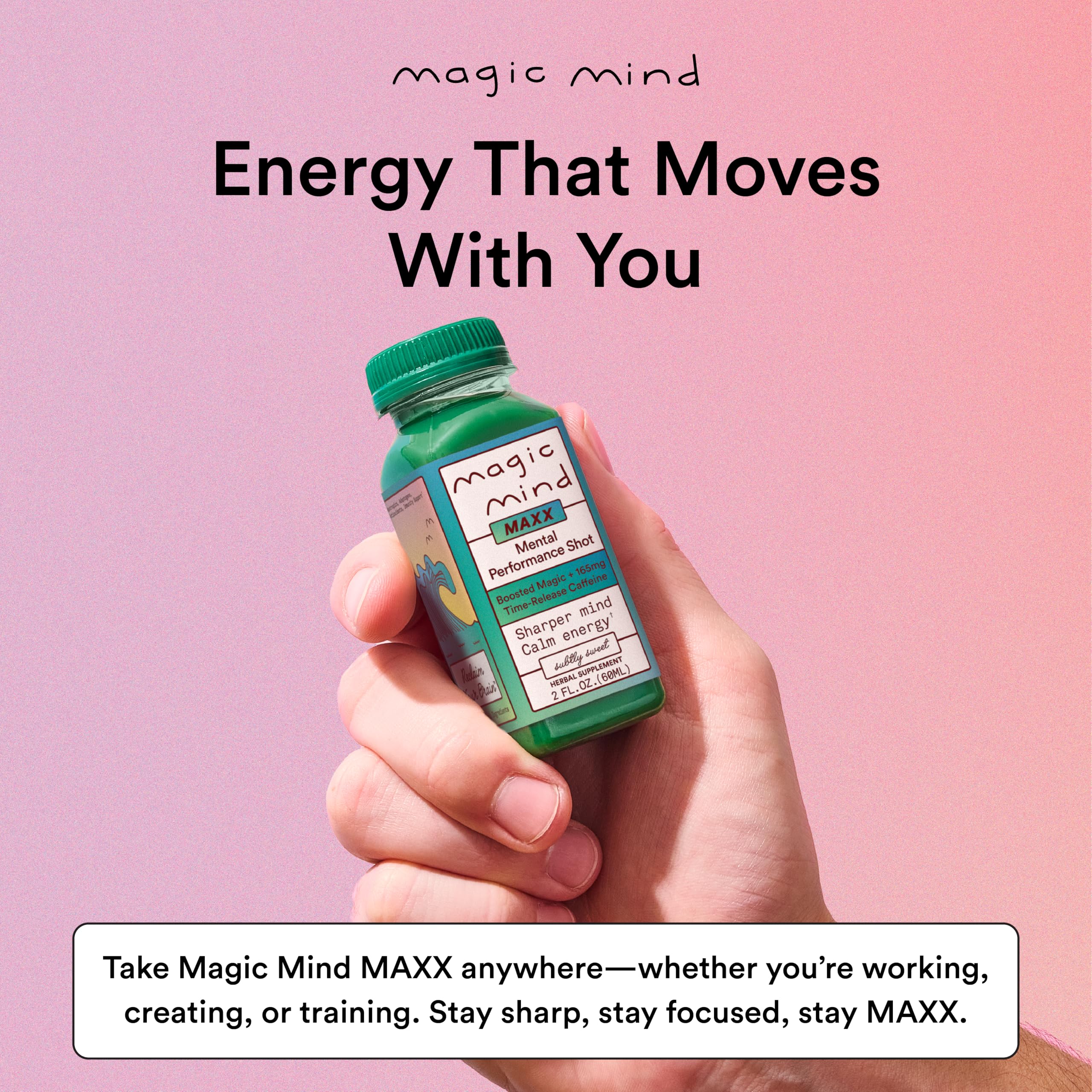 Magic Mind Maxx energy shot in a shopping bag reflecting convenient daily routine