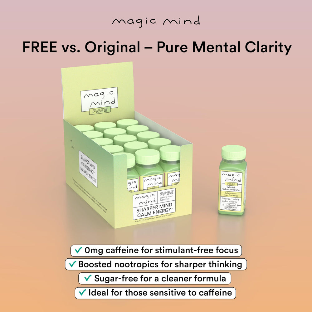 Zero-caffeine Magic Mind bottle indicating clean energy without jitters.