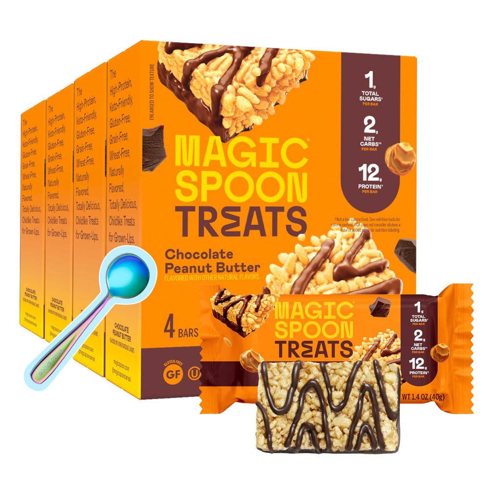 Magic Spoon Treats chocolate peanut butter bar pack view, high protein snack for on-the-go.