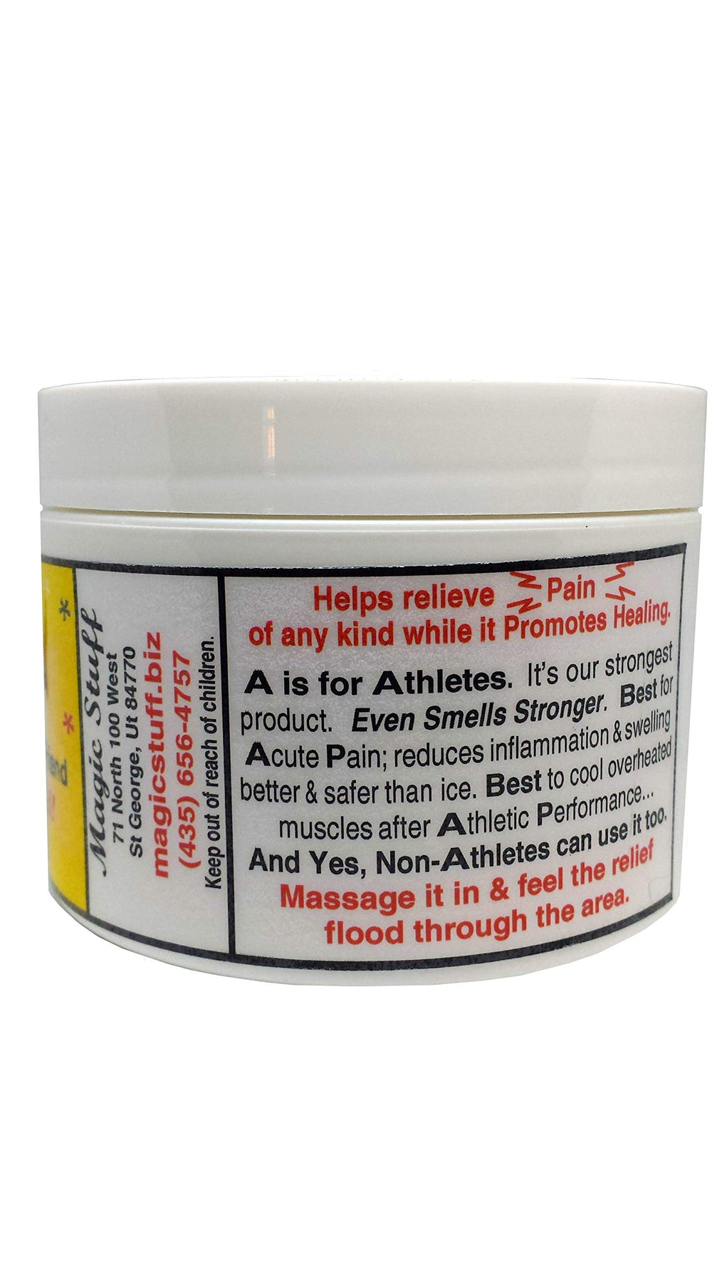 Close-up of Magic Stuff A label highlighting natural ingredients and cooling sensation.