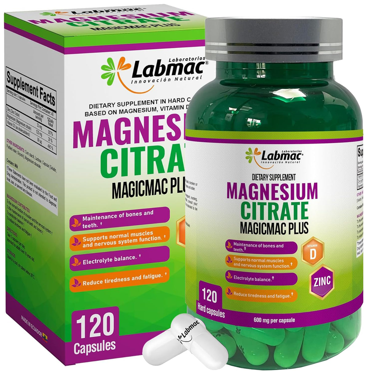 Magicmac Plus magnesium citrate bottle with 600 mg capsules for daily mineral support