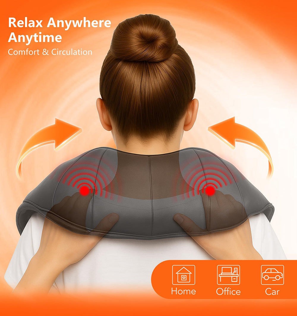 MagicMakers neck massager worn during use on shoulders for deep relaxation.