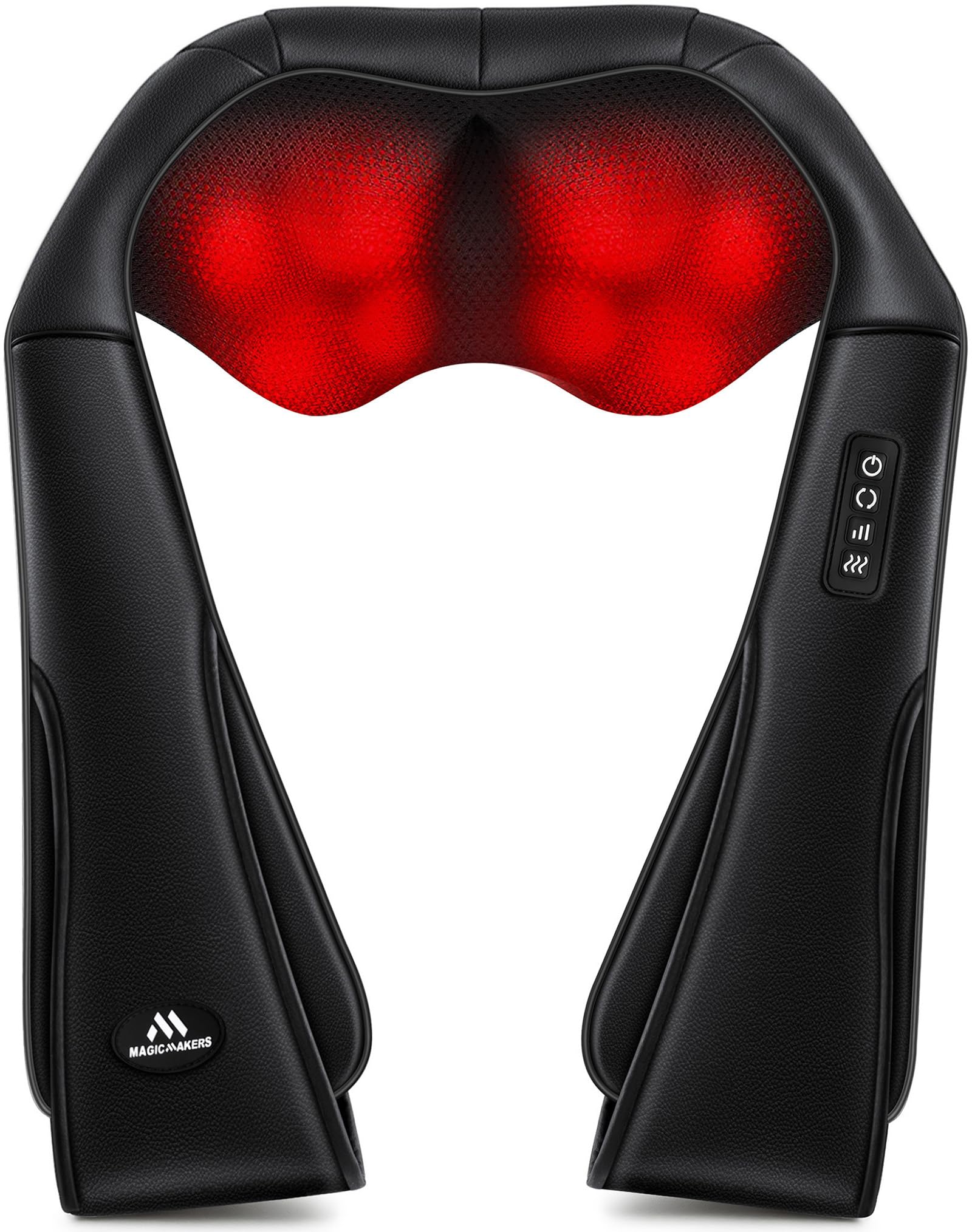 MagicMakers shiatsu nodes provide deep kneading on shoulders