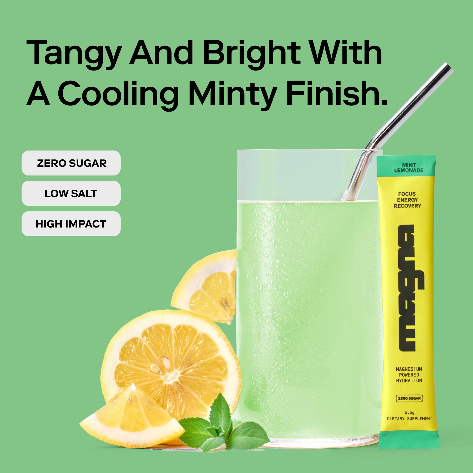 Glass of Magna Electrolytes Mint Lemonade ready to refresh a hydration routine.